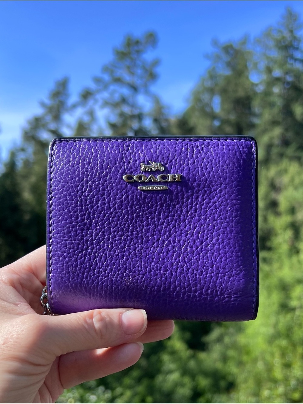 COACH Women's Snap Wallet Purple Pebble Leather with Silver Hardware AUTHENTIC